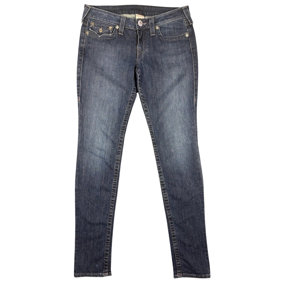 True Religion Jeans Womens 30 Skinny Dark Wash Blue Rhinestone Button EXCELLENT
